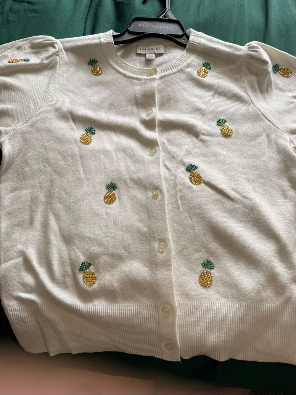 Free Assembly Pineapple Beaded Cardigan XL 16-18 Cream Puff Sleeve NWT